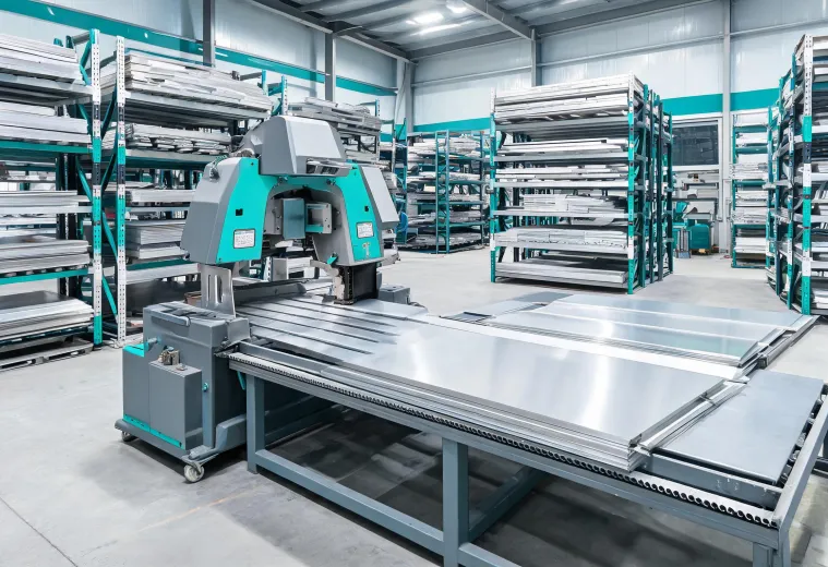 Metal service center processing line with saw cutting and organized inventory