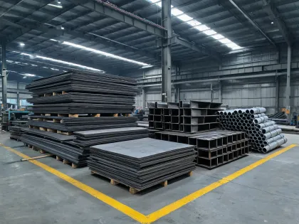 Carbon steel plate and structural beams in warehouse storage